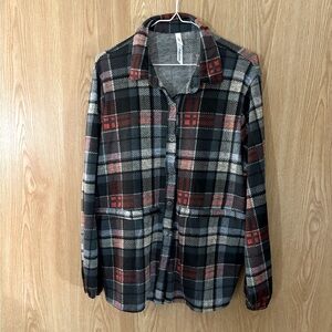 NY Collection Soft Stretch Knit Career Red/ Black Plaid Button Down Shirt Jacket